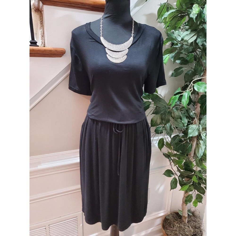 Simier Fariry Women Black Rayon Round Neck Short Sleeve Knee Length Dress Size L